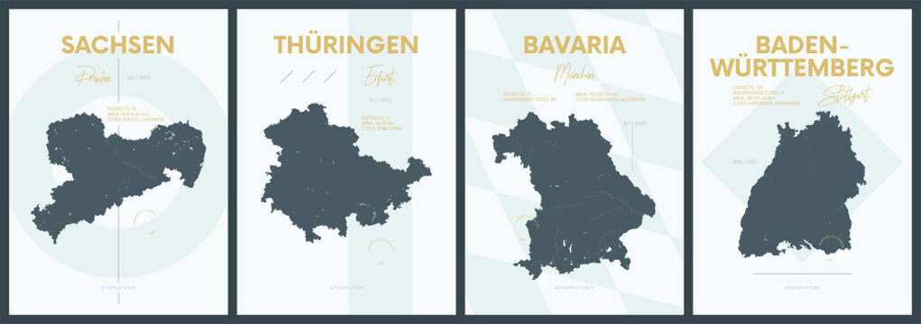 Vector posters with highly detailed silhouettes maps states of Germany - Sachsen, Th&uuml;ringen, Bavaria, Baden-W&uuml;rttemberg - set 4 of 4