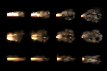 Gun flash. Realistic pistol flame and smoke burst effects vector frame animation. Illustration bright shooting motion, burst and explosion effect © ONYXprj