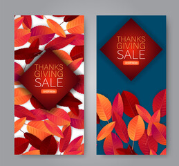 Thanksgiving sale  vertical banner or flyer. Realistic vector illustration with red and orange autumn leaves. Design for advertisement, invitation card, offer, discount.