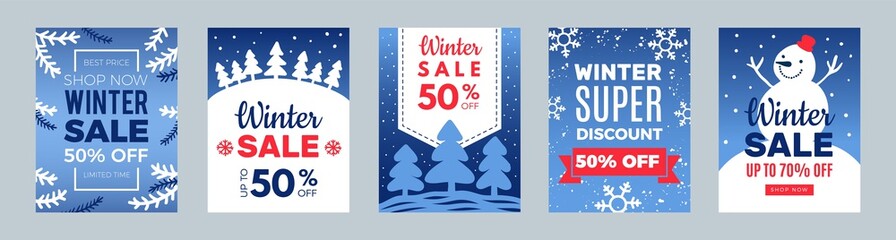 Discount banners. Winter best price flyers, xmas sale cards with snowman and snowflakes vector illustration. Xmas flyer advertising, winter promotion holiday clearance