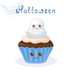 Kawaii vector illustration of smiling Halloween Cupcake with Candy Ghost isolated. Cute happy comic cartoon food characters with lettering on white background. All Saints Day print, party invitation.