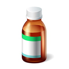 Medical bottle 3d. Realistic mockup of glass vial for liquid medicines or drug pills