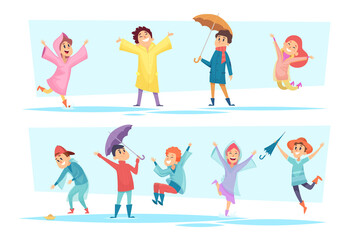 Fototapeta premium Rain characters. Happy kids playing in autumn puddles raincoat wet weather liquid seasonal games vector people. Illustration happy character walking and jump in rain