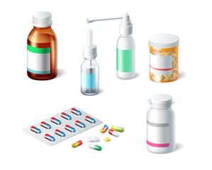 Pharmaceutical packs: blister of pill capsules, tablet container, dropper, spray, drugs bottle