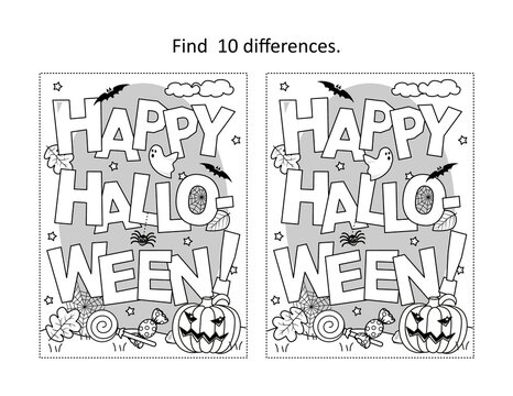 Find 10 differences visual puzzle and coloring page with "Happy Halloween!" greeting
