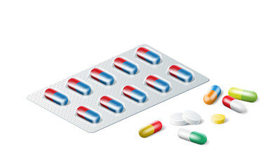 Realistic blister with colorful pills. 3d medical tablets for illness and pain treatment