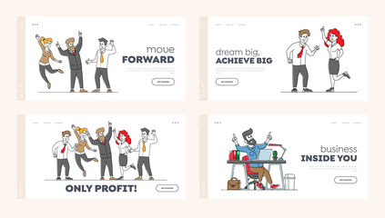 Business Colleagues Celebrate Success Landing Page Template Set. Successful Team Project Victory, Goal Achievement