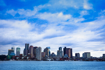 Fototapeta na wymiar Boston city downtown view from East side of the inner harbor Massachusetts, USA