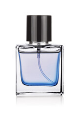 Elegant transparent bottle of blue perfume isolated on a white.