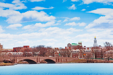View of Boston University Bridge with Dunster House Cambridge panorama and Charles river...