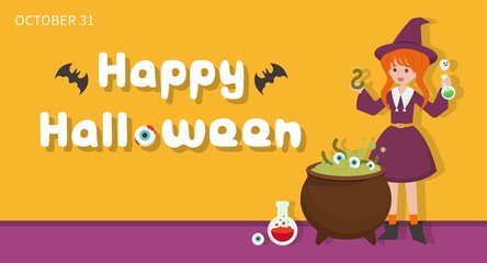 Halloween witch with cauldron and poison, cartoon comic vector illustration, Asian style