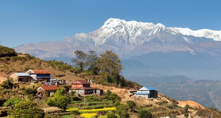 Fototapeta na wymiar Mount Annapurna and nepalese villege