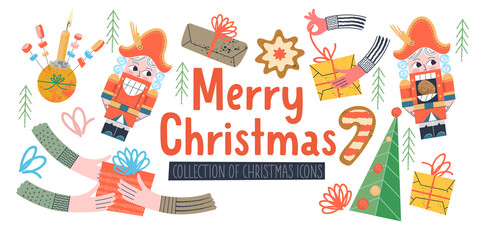 Merry Christmas. Vector illustration, greeting card. A set of holiday decor elements.