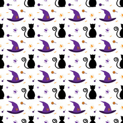 Happy Halloween vector pattern. Vector cat and hat illustration. Black and violet pattern. Background for your design