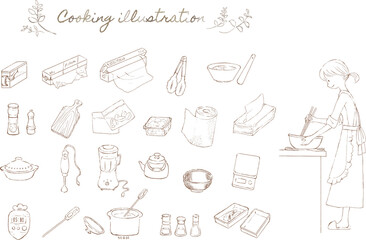 料理をする女性とキッチン用品の線画イラストセット