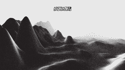 Vector landscape of mountain in dotwork style. Stipple illustration design. Old retro dot texture vintage gradient. Pointillism graphic. Grain terrain wallpaper. © RDVector