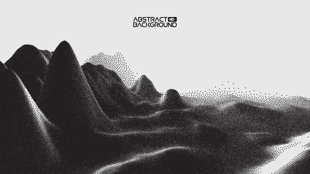 Vector landscape of mountain in dotwork style. Stipple illustration design. Old retro dot texture vintage gradient. Pointillism graphic. Grain terrain wallpaper.