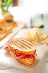 Toast with strawberries and bacon  that looks delicious for breakfast
