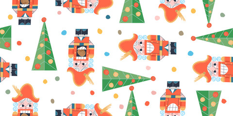 Fototapeta na wymiar Vector Christmas seamless pattern with Nutcracker and Christmas tree.
