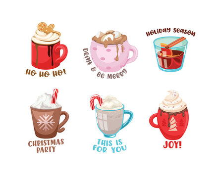 Winter Drinks Icons Set. Cups with Hot Beverage and Decoration for Wintertime Season Holidays. Cartoon Mugs of Cocoa