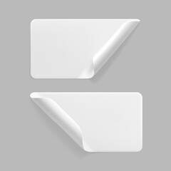 White glued rectangle stickers with curled corners mock up set. Blank white adhesive paper or plastic sticker label with wrinkled and creased effect. Template label tags close up. 3d realistic vector