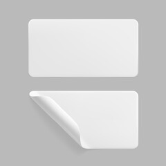 White glued rectangle stickers with curled corners mock up set. Blank white adhesive paper or plastic sticker label with wrinkled and creased effect. Template label tags close up. 3d realistic vector