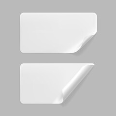 White glued rectangle stickers with curled corners mock up set. Blank white adhesive paper or plastic sticker label with wrinkled and creased effect. Template label tags close up. 3d realistic vector