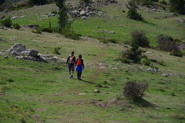 Fototapeta premium Couple homme femme qui randonne ensemble dans la montagne des plateaux en se tenant la main