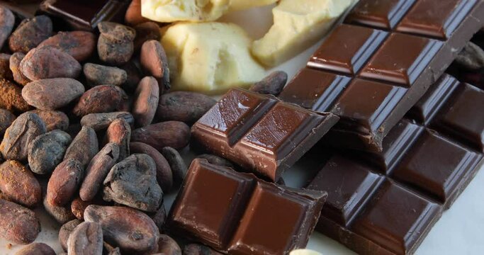  Сhocolate bars, cacao butter, cacao powder and cocoa beans