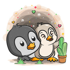 Little penguins play near the green cactus