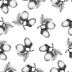 acorns on branch seamless pattern, vintage autumn background with ink acorns drawing, line art fall decoration, autumn black sketch design © IBeart