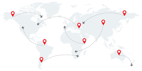 Airline route points. Plane flight with dashed path. Map of world wallpaper with planes. Globe concept on white background. Travel flight with pointer icons. Location sign. Vector EPS 10.