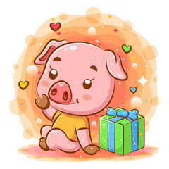 The pink pig cartoon sits near the gift