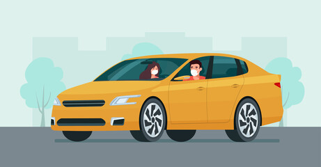Fototapeta na wymiar Sedan car with a young man and woman in a medical mask driving on a background of abstract cityscape. Vector flat style illustration.