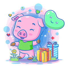 Pink pig illustration use the green clothes