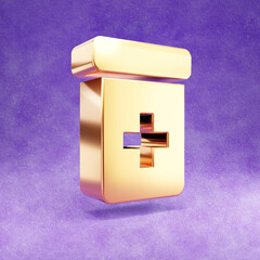 Prescription icon. Gold glossy Prescription symbol isolated on violet velvet background. Modern icon for website, social media, presentation, design template element. 3D render.