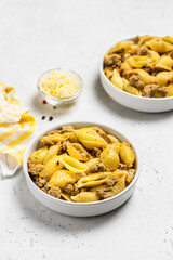 Homemade pasta shells minced meat. Space for text.
