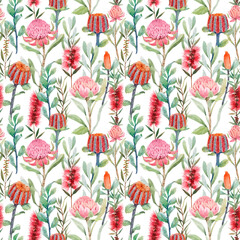 Beautiful vector seamless floral pattern with watercolor summer protea and australian banksia flowers. Stock illustration.