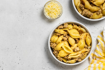 Delicious pasta shells minced meat. Space for text, top view.