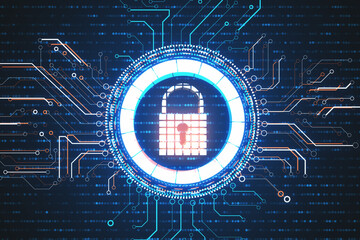 Closed lock icons with cyber security network interface hologram
