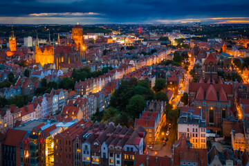 Aerial view of the Gdansk city over Motlawa river with amazing architecture at dusk, Poland