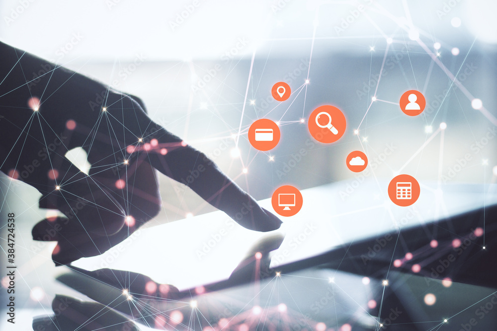 Poster Hand touching digital tablet computer with polygonal and computer cloud hologram.