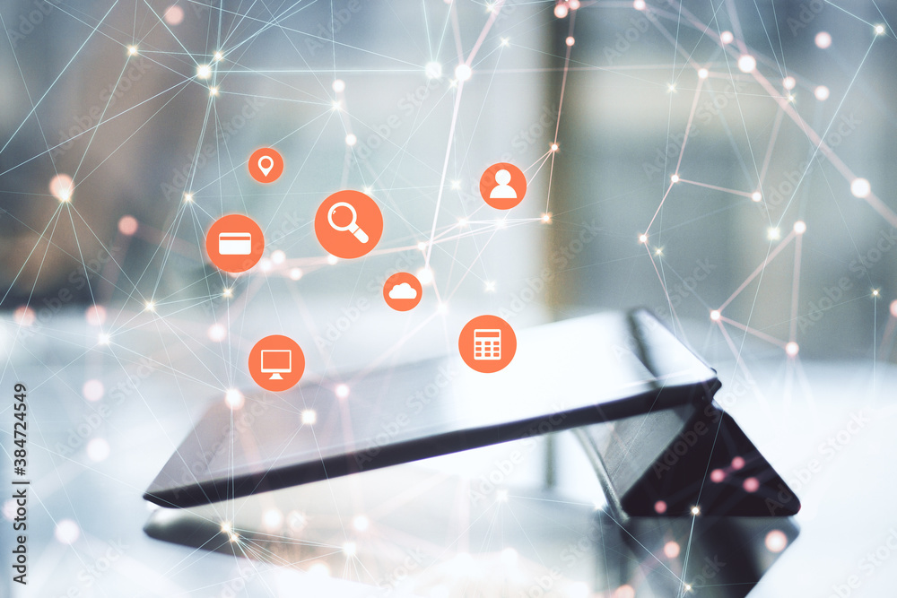 Poster Digital tablet with abstract polygonal and computer cloud hologram