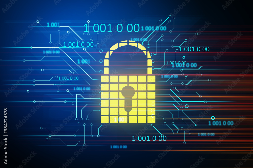 Aufkleber Creative glowing yellow padlock with binary code.