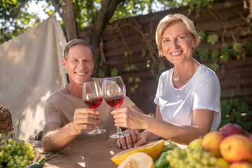 Smiling middle-aged couple enjoying lunch, toasting with red wine outside