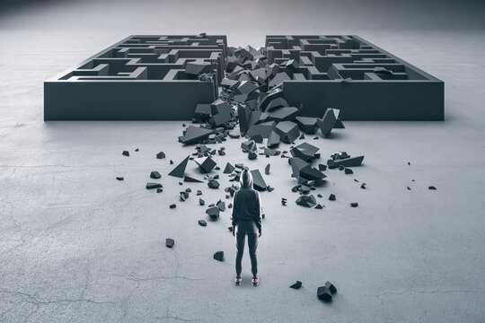 Hacker looking on ruined gray maze.