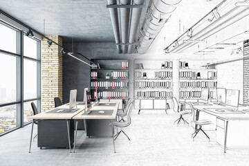 Drawing coworking office interior with computers