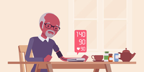 Fototapeta premium Blood pressure measurement self monitoring by electronic sphygmomanometer. Black senior man doing measuring, controlling health at home, digital meter numbers. Vector flat style cartoon illustration