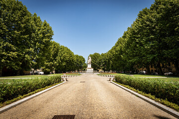 Piazza Martiri della Liberta (martyrs of freedom), large town square in Pisa, Tuscany, Italy, Europe. In the center the statue of Grand Duke Pietro Leopoldo I.