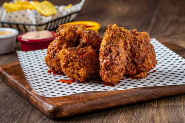 Baked chicken wings with sesame and sauce on wooden background